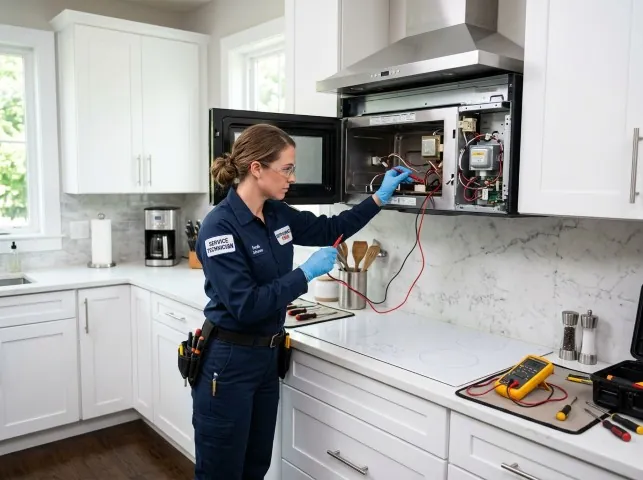 Appliance Repair Hero technician testing an over-the-range microwave in a Alexandria, OH kitchen